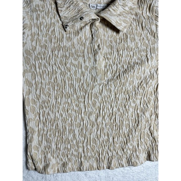 Zara Long Sleeve Beige Animal Print Cropped Crinkled Snap Button Top Sz L - Picture 3 of 7
